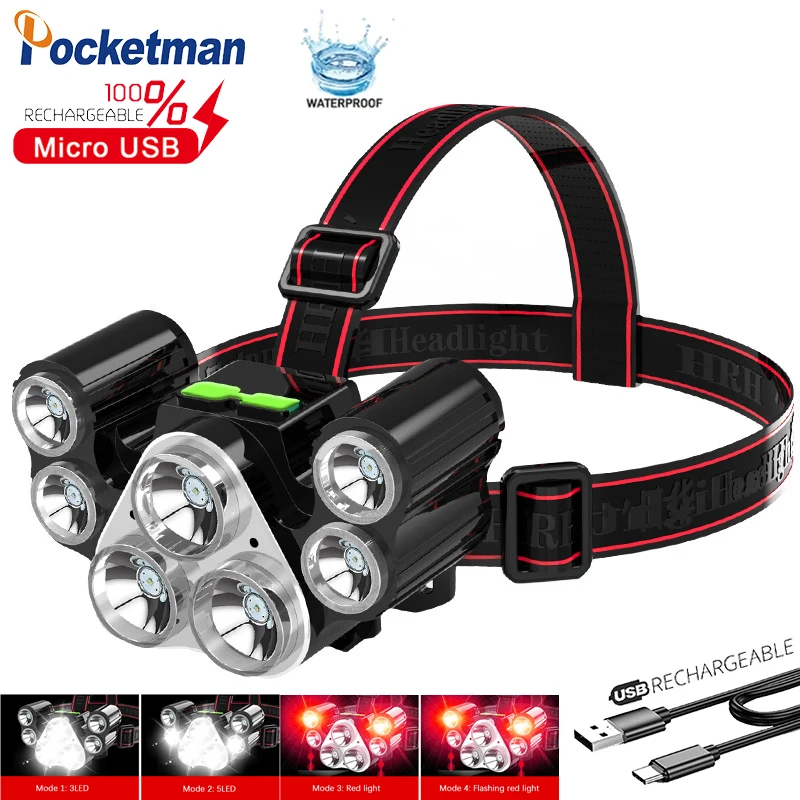 

Ultra Bright 7 LED Headlamp USB Rechargeable Headlight White/Red Light 4 Switch Modes Head Lamp Waterproof Head Torch 18650