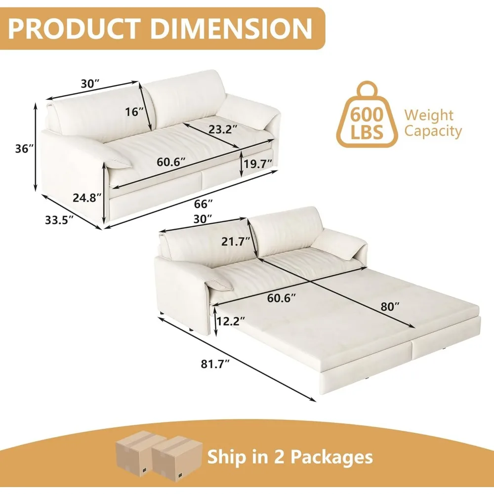 أريكة سرير بحجم كوين 66 بوصة، أريكة نوم قابلة للسحب 3 في 1 مع مساحة تخزين جانبية، أريكة مخملية بمقعدين للمنزل
