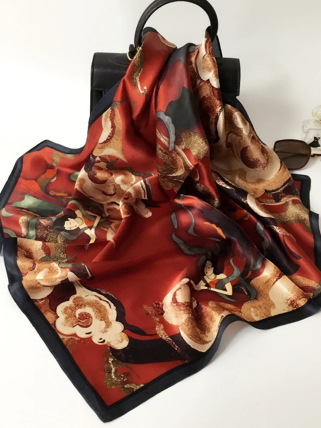 mauf-ワインレッド-ダークレッド-シルク-スクエア-スカーフ-レディース-軽量-高級-春スタイル-花柄-ネックラップ-エスニック-トレンド