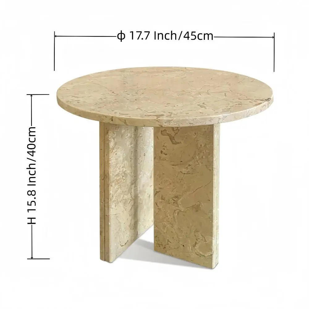 Mesa de centro de mármore natural dourado amarelo bege pequena sala de estar mesa de pedra com detalhes Ø17,7 x 15,8 polegadas mármore polido genuíno