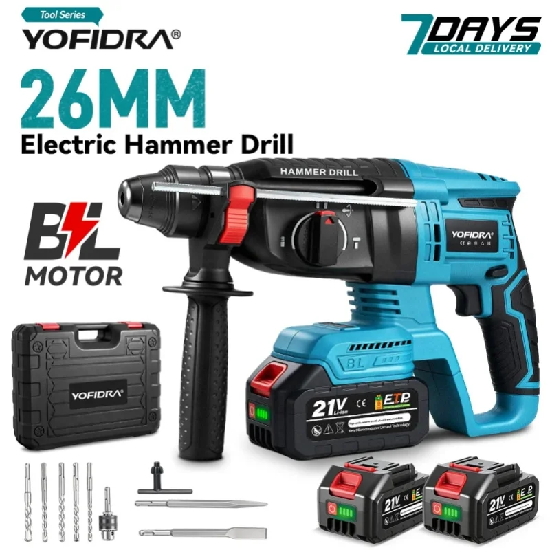 YOFIDRA 4-Modus 26MM Bürstenloser Elektrischer Bohrhammer Multifunktionaler Schlagbohrer Elektrowerkzeug für Makita 21V Akku