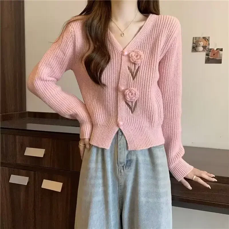 

Sweater Outerwear Korean Slimming Effect Full Sleeve Solid Color Versatile French Style V-Neck Knitwear Cardigan 3D Flower