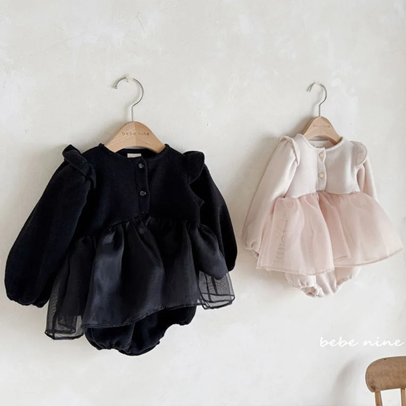 Baby Sweet Rompers Outing Clothes 2024 Autumn and Winter Clothes Girls Baby Thick Velvet and Yarn Skirt Rompers