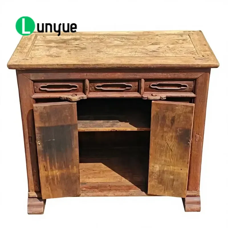 Chinese Traditional Elm Cabinet Handmade Antique Red Paint Home Storage Furniture Solid Wood Vintage Style Living Room