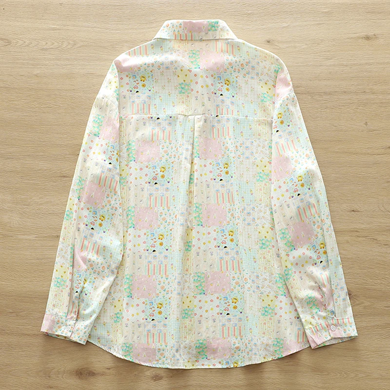 ربيع الخريف الأزهار الكرتون المطبوعة بلوزات بأكمام طويلة ملابس حريمي عادية الحلو جيب كبير الإناث قمصان قطنية وبلوزات K111 #3
