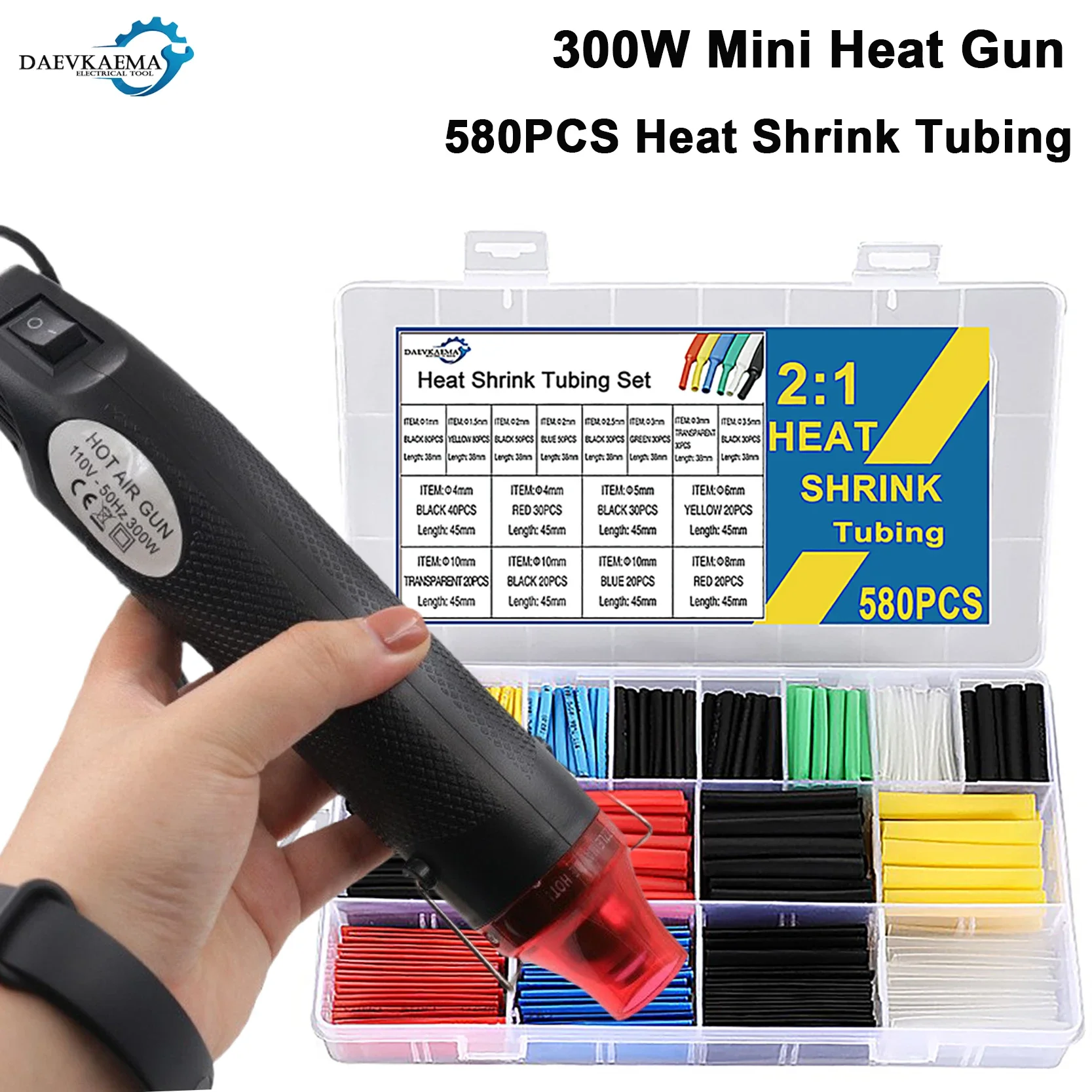 580pcs Wire Heat Shrink Tubing Kit with 300W / 392℉ Mini Heat Gun Mini Heat Gun or Wires,Shrink Wrap and Cable Repair