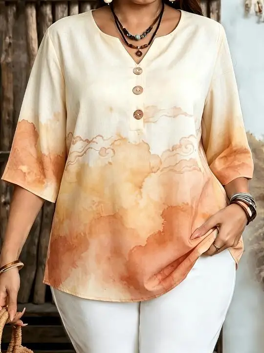 Women Abstract Swirl Curved Art Print Blouse Notched Neck 3/4 Sleeve Loose Fit For Curvy Figures Daily Casual Tops
