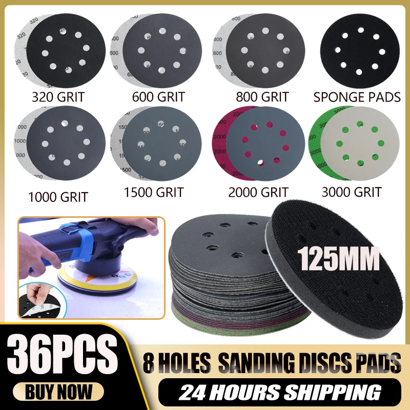 

1/36Pcs 8 Hole 125mm Sanding Discs Pads Sandpaper Woodworking Abrasive Sander Paper Polishing Tool 320-3000 Grit Round Sanding