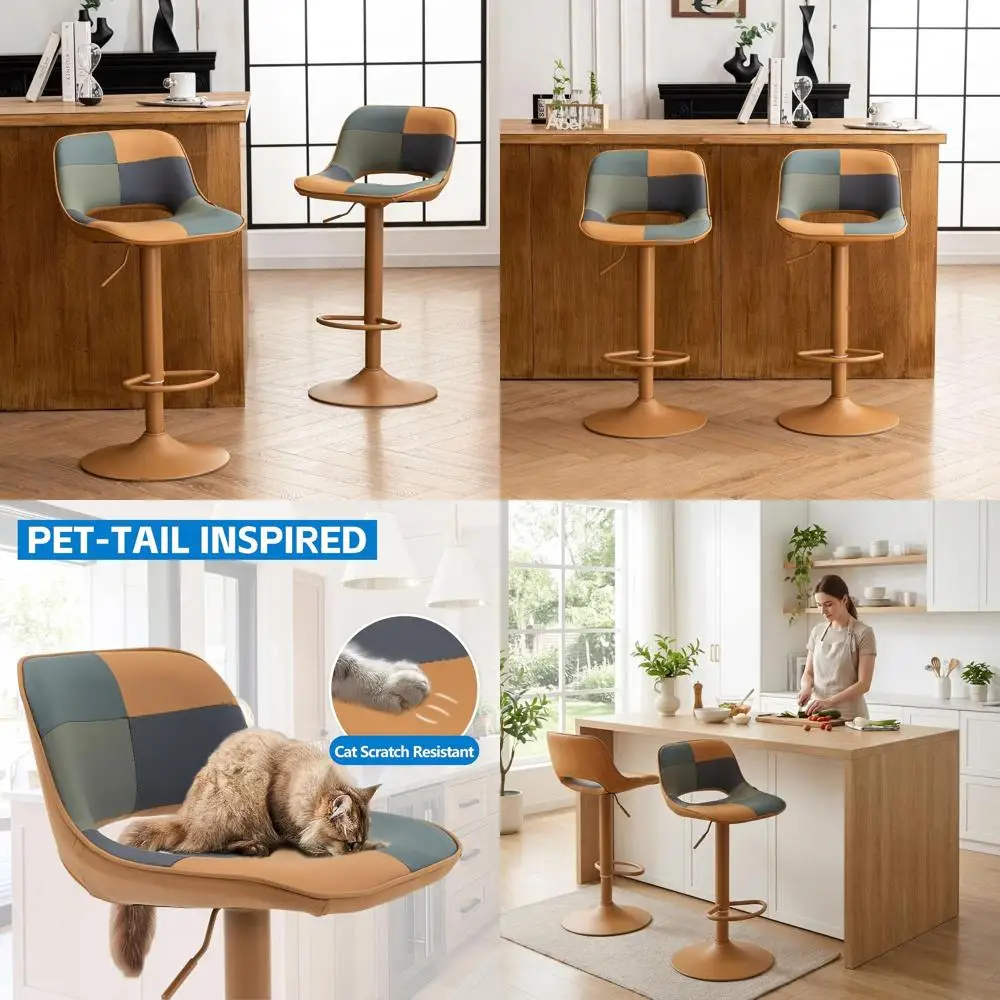 

Регулируемые вращающиеся барные стулья (комплект из 2 шт.), в стиле бохо-пэчворк, высота для барной стойки, с спинкой, с кожаной обивкой, компактные, для кухонного острова