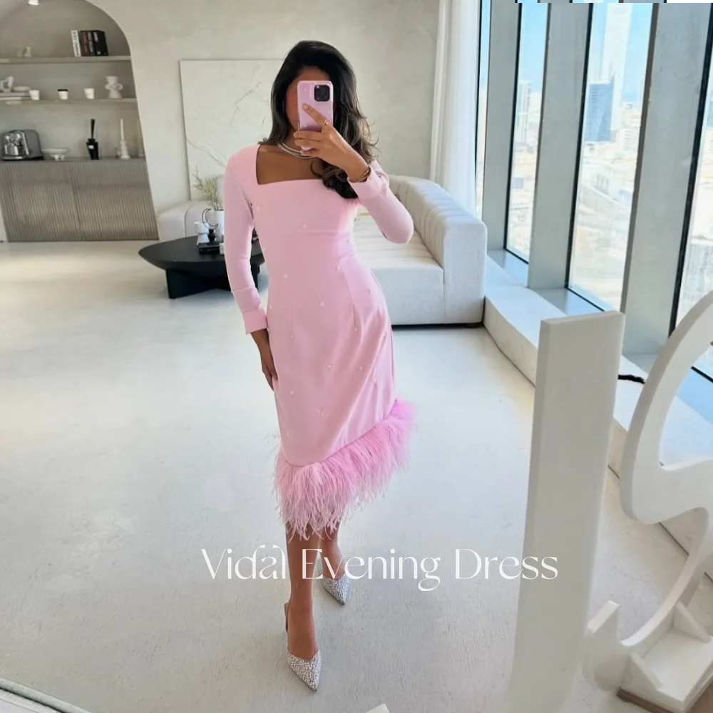 

Vindal Pink Sweet Evening Dress Customized Feather Birthday Gown Long Sleeves Beading Vestidos De Novia Boda