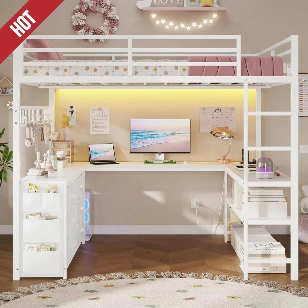 Factory Direct 2026 Space Saving Metal Loft Bed with Staircase L-Shaped Desk High Sleeper Sturdy Iron Frame Bunk Bed for Kids view 6