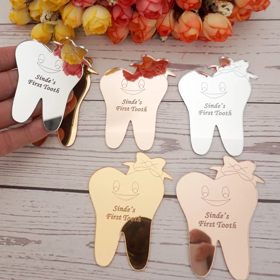 20 Pieces/Lot 8CM Height Lovely Tooth Shape DIY Acrylic Mirror Tags Customized Baby Name First Teeth Babyshower Party Gift