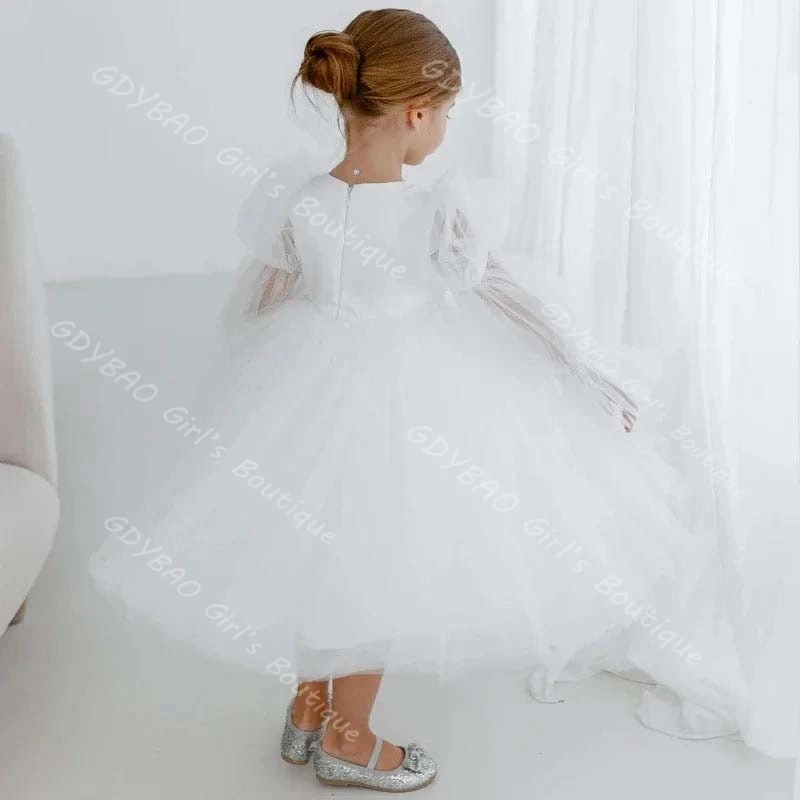 Vestido blanco de flores para niña, para boda, niños pequeños, manga abombada, vestido de primera comunión, 2-14 niños, vestido de fiesta largo hasta el té personalizado