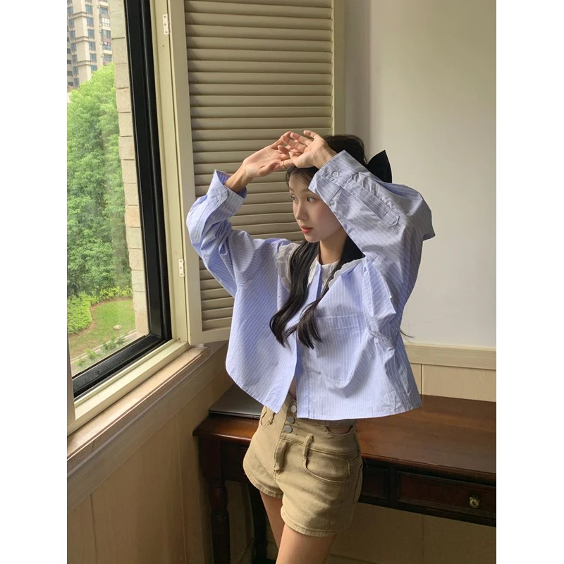 시크한 블루 스트라이프 루즈핏 롱 셔츠, 돌 칼라 디자인, 한국 스타일 출퇴근룩, 여성 패션 탑, 가을 의류