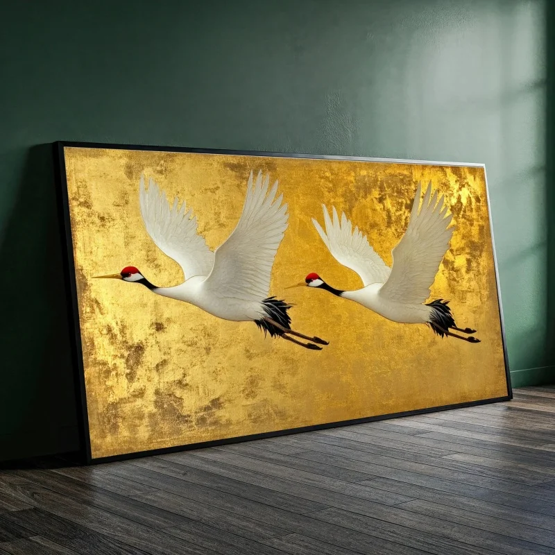 Elegant Flying Cranes Canvas Prints Wall Art Paintings Golden Background Asian Wildlife Decor, Bird Nature Posters Decor Pic