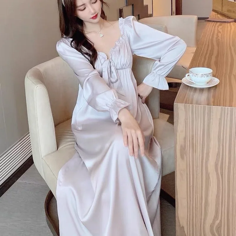 Sexy Midi Nightgowns Women S-4XL Low-cut V-neck Ruffles Long Flare Sleeve Solid Retro French Style Nightdress Bow Elegant Draped