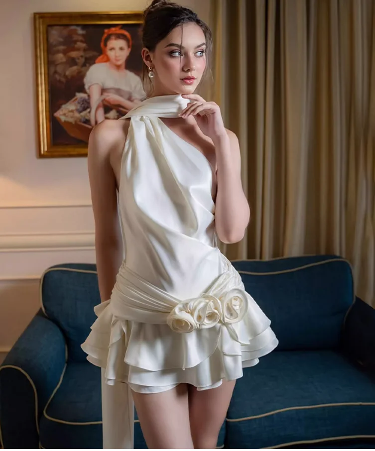 French-style pleated satin rose fitted halter neck dress for women, winter white ribbon elegant backless princess dress