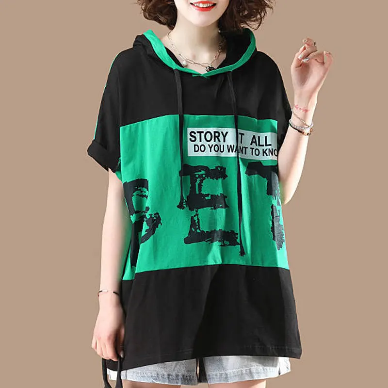 Stylish Letter Printed Casual Hooded T-shirt Korean Loose Drawstring Female Clothing Short Sleeve Summer Streetwear Pullovers