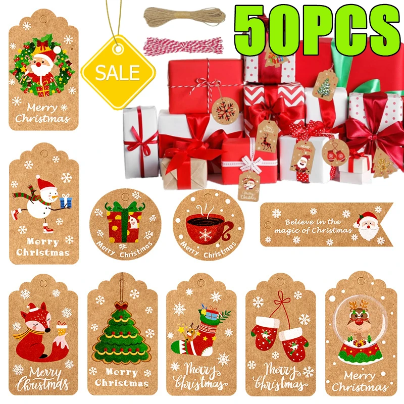 Nieuwe 50 Stuks Retro Kerst Kraft Cadeau Tags Schattig Hert Pinguïn Auto Xmas Party Decor Hang Tags Diy Verpakking Label Kaart Label Tools