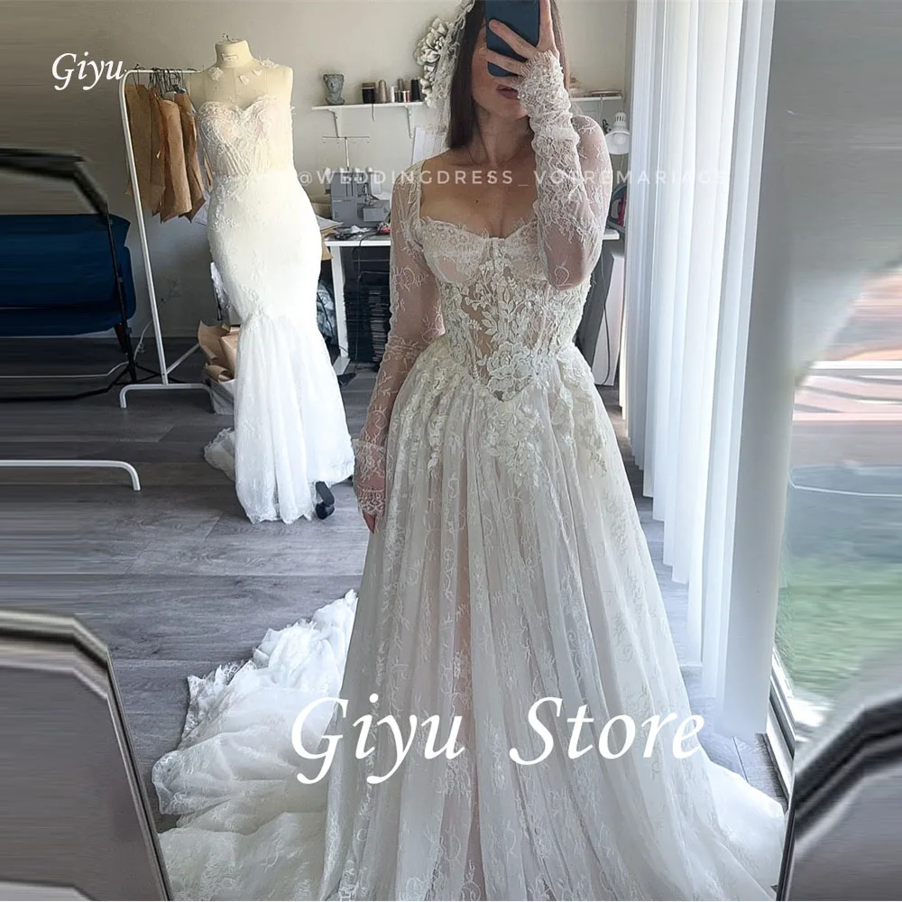 Giyu elegante una línea de Vestidos de novia de encaje de manga larga Sweetheart corte tren Vestidos de novia de talla grande Vestidos de noiva personalizados