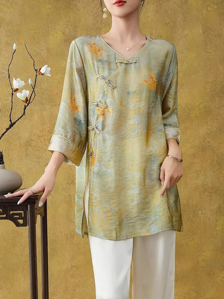 

New Chinese Sle Satin irt Women's Buttoned Qipao Tang Suit Loose Midi Top Seven-Quarter Sve V-Ne Traditional Faion