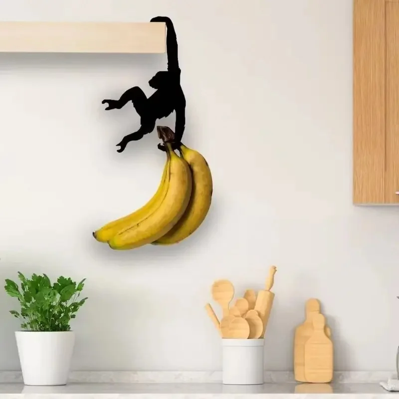 Black Monkey Banana Holder Hanging Fruit Storage Rack Wall Mounted Key Hanger Housewarming Gift Home Decoration