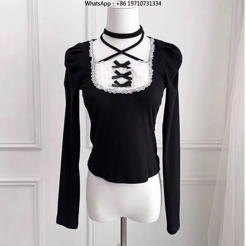 Women Sweet Lolita Blouse Square Collar Bow Long Sleeve Vintage Y2K Japanese Top