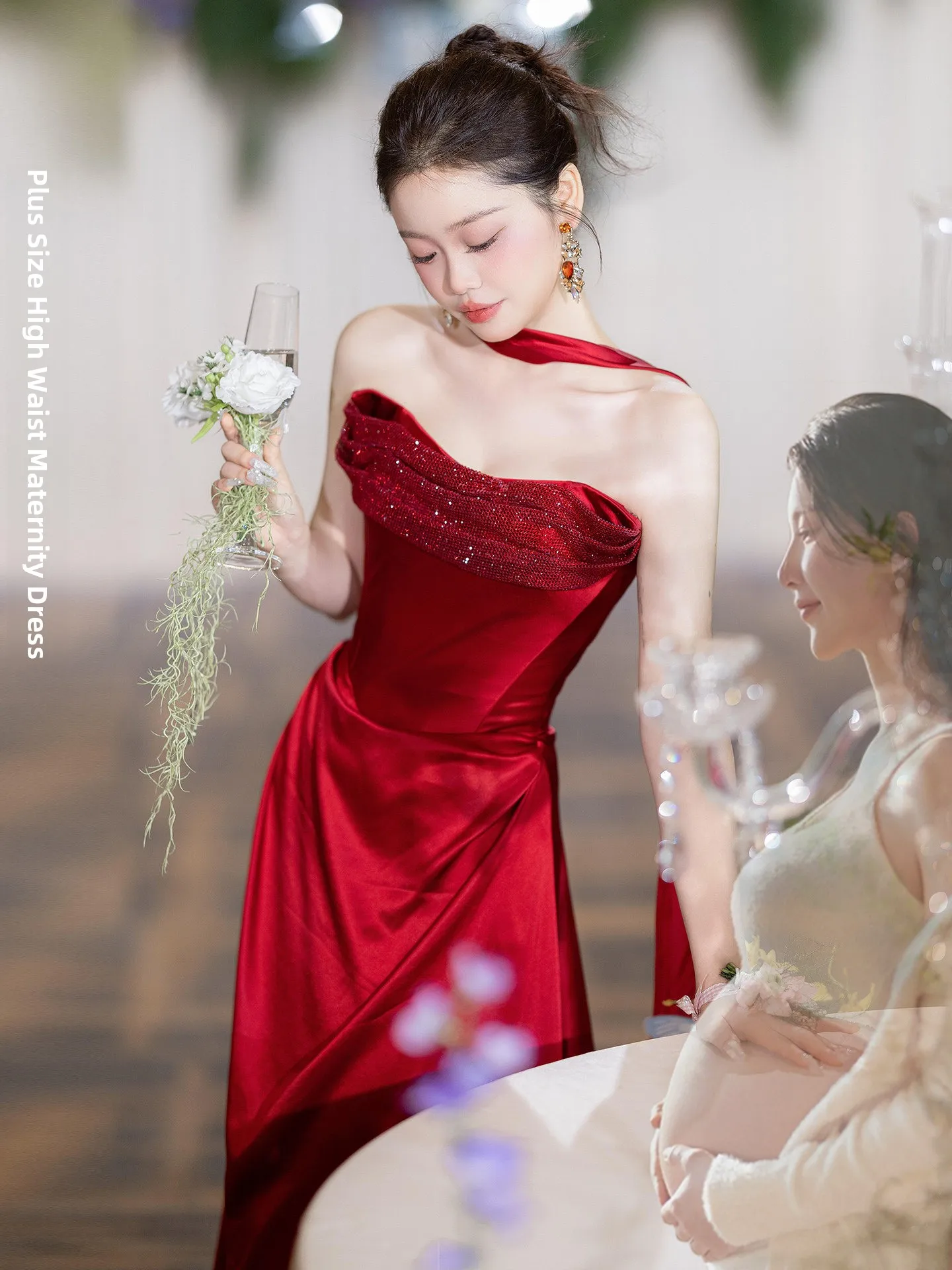 

Red Satin Maidservant Wedding Dress Maternity Large Size Beautiful Women's Long Evening Gown for Wedding Banquet Performance