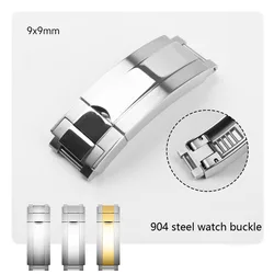 904L Steel Folding Buckle Glide Lock Fit For Rolex Submariner Oysterflex Daytona GMT Watch Band Strap Deployment Clasp 9X9mm