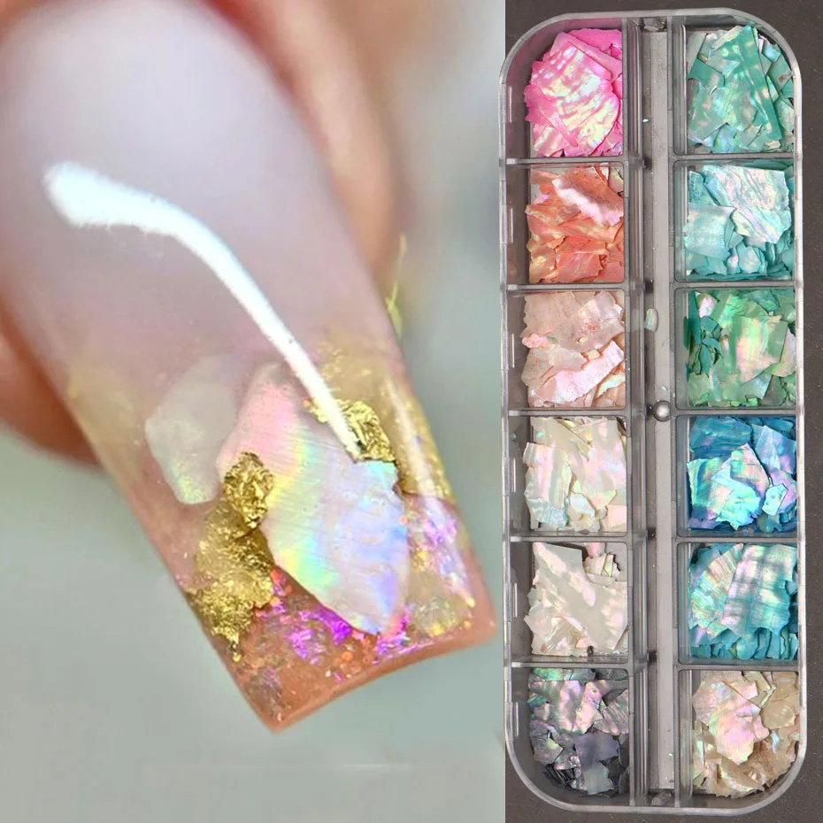 6/12Grid Abalone Sea Shell for Nails Holographic Mirror Nail Art Glitter Flakes Rainbow Mermaid Irregular Sequins Manicure Decor