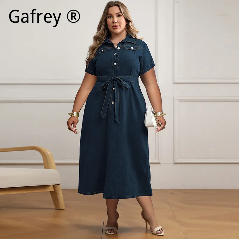 

5XL XXXL Plus Size Women Lapel Short Sleeve Front Button Denim Dress Casual Loose Fit Midi Dresses Fashion Streetwear For Ladies