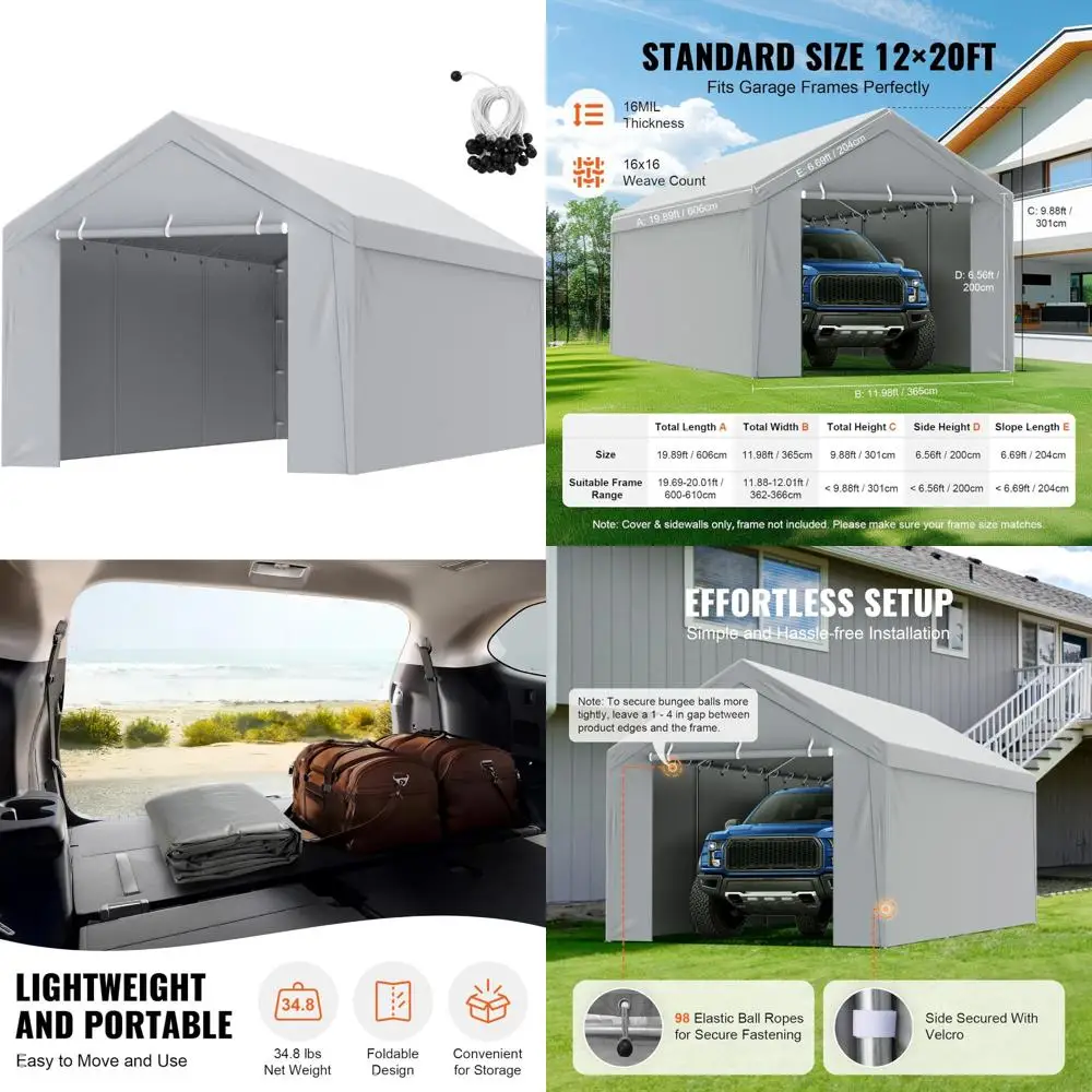 

Сменная крышка навеса для автоспорта верхняя часть + боковая стенка 12 x 20 футов, брезент для гаражной палатки, сверхмощный, водонепроницаемый и защищенный от ультрафиолета, eas
