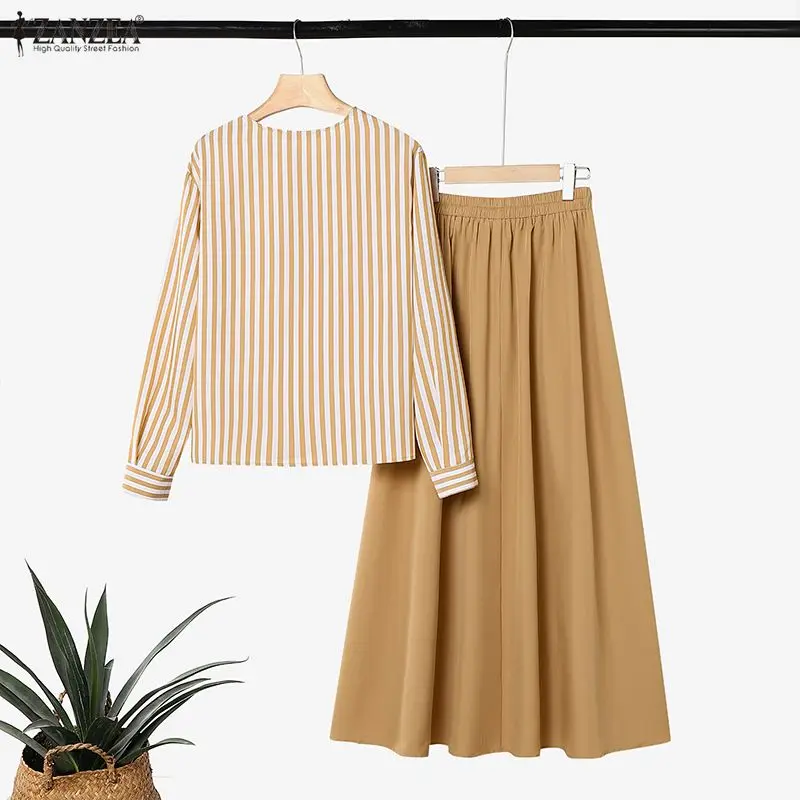 ZANZEA Modest Muslim Outfits Summer Long Sleeve Buttons -Up Striped Blouse Elastic Waist Pleated Skirt Suit Women Matching Sets 5