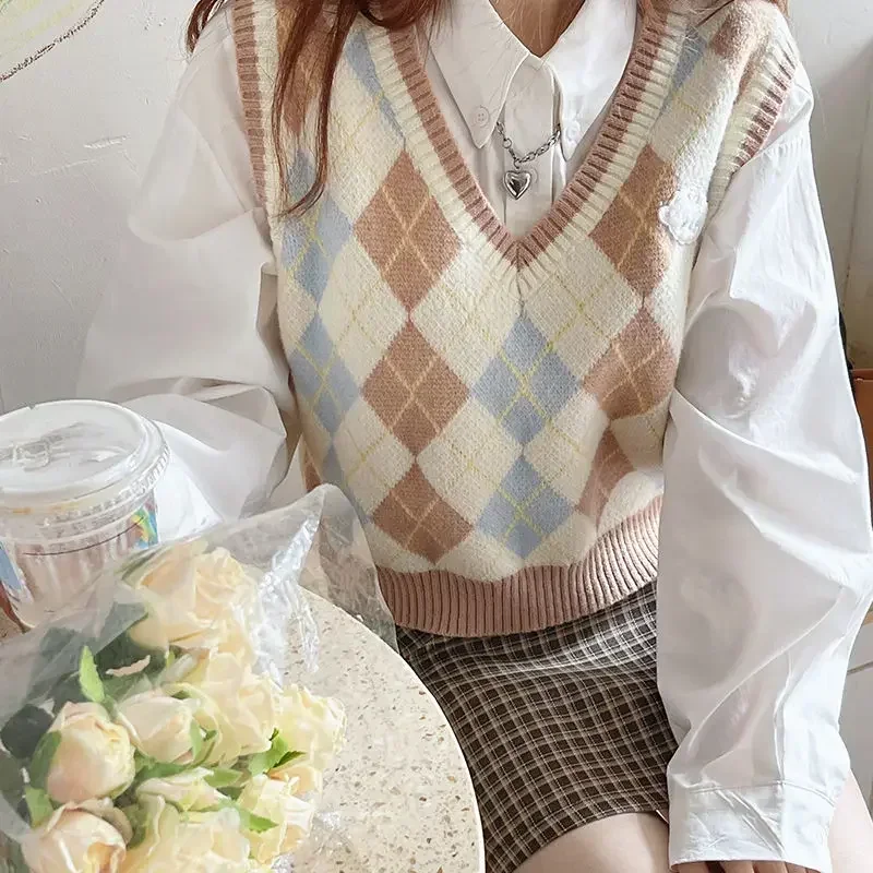 Kimotimo Colorblock Argyle Knit Vest Women Japanese Sweet Pink V Neck Overlap Short Pullover Kawaii Outer Sleeveless Y2k Sweater