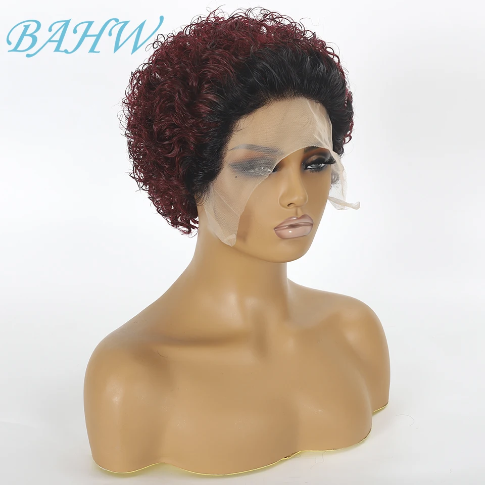 Burmese Pixie Cut Black Color Kinky Curly Human Hair Wig 99J Burgundy Natural Hairline Remy Water Wave Curly Wig For Black Women