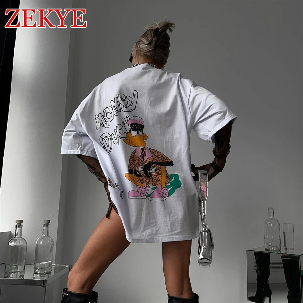 Zekye w stylu Basic Casual biały T Shirt damski z nadrukiem na lato luźny koreański styl 90S estetyczny Streetwear moda O dekolt
