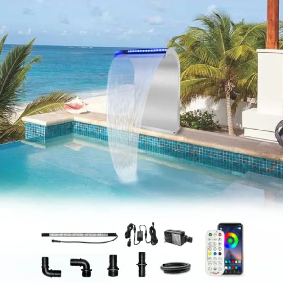 

Indoor Outdoor Garden Rockery Koi Pond Swimming Pool Waterfall Spillway: Stainless Steel S-Shaped Fountain with RF APP Control,