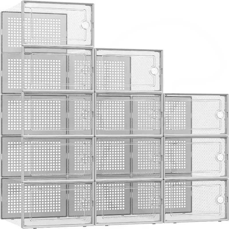 Shoe Storage Boxes Organizers for Closet 12 Pack,Clear Plastic Stackable Sneaker Containers for Entryway, Space Saving Shoe Rack