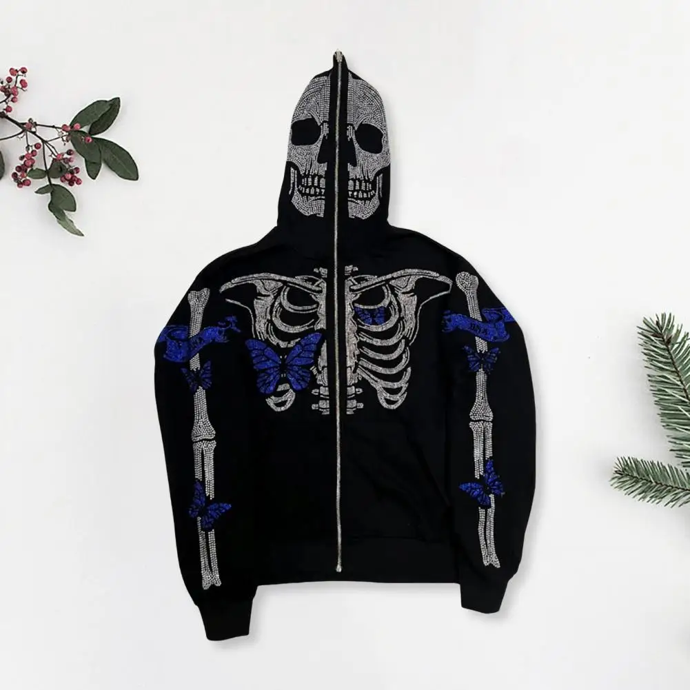 

Unisex Hoodie Rhinestone Ghost Skeleton Halloween Hoodie with Zipper Closure Pockets for Unisex Party Cosplay Costume Fall