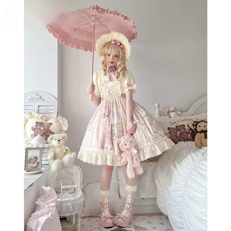 オリジナル可愛いウサギプリントJSK＆OPドレス ロリータガール レディース スイートドール感 スリム 半袖 膝丈ワンピース ホットセール