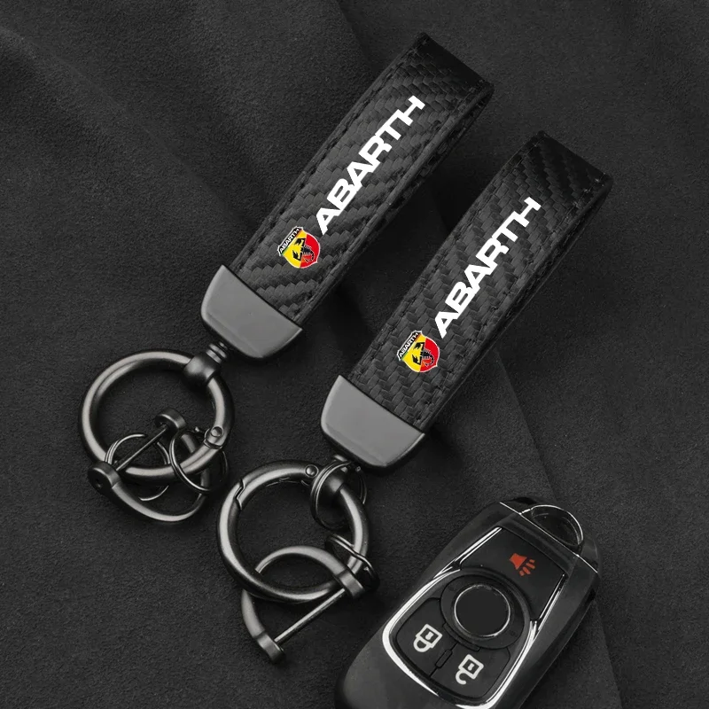 Leather Carbon Fiber Car Ring Keychain Trinket Zinc Alloy Keyrings Rotate 360 Degrees For Fiat Abarth 124 spider 500 595 695 C