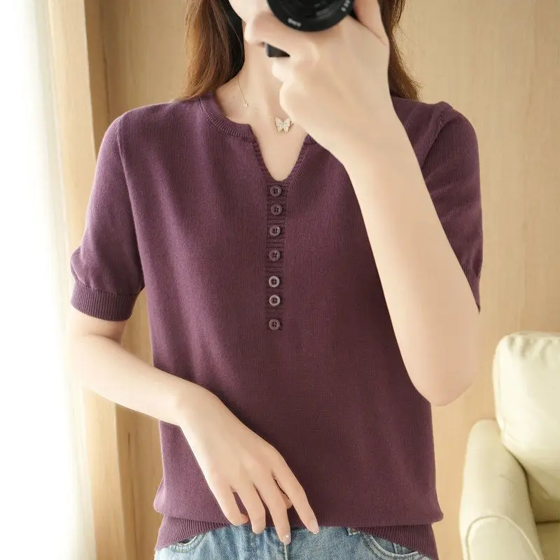 Elegant All-match Solid Color Knitted Tops for Female Summer Button Spliced Simplicity Fashion V-Neck T-shirt Women\'s Clothing