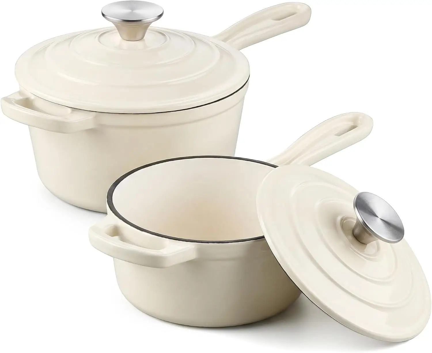 

1Qt & 2Qt Enameled Cast Iron Saucepan Set with Self-Basting Lids, Heavy Duty Small Dutch Oven for Stove, Induction Ready, Cream