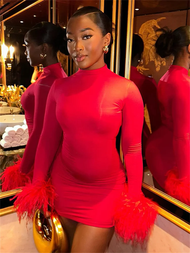 Cutenew 여성용 클래식 신상 드레스, 솔리드 힙스터, 간결한 깃털 패치워크, 전체 소매 크루넥 스키니 미니 드레스, Mujer Frock