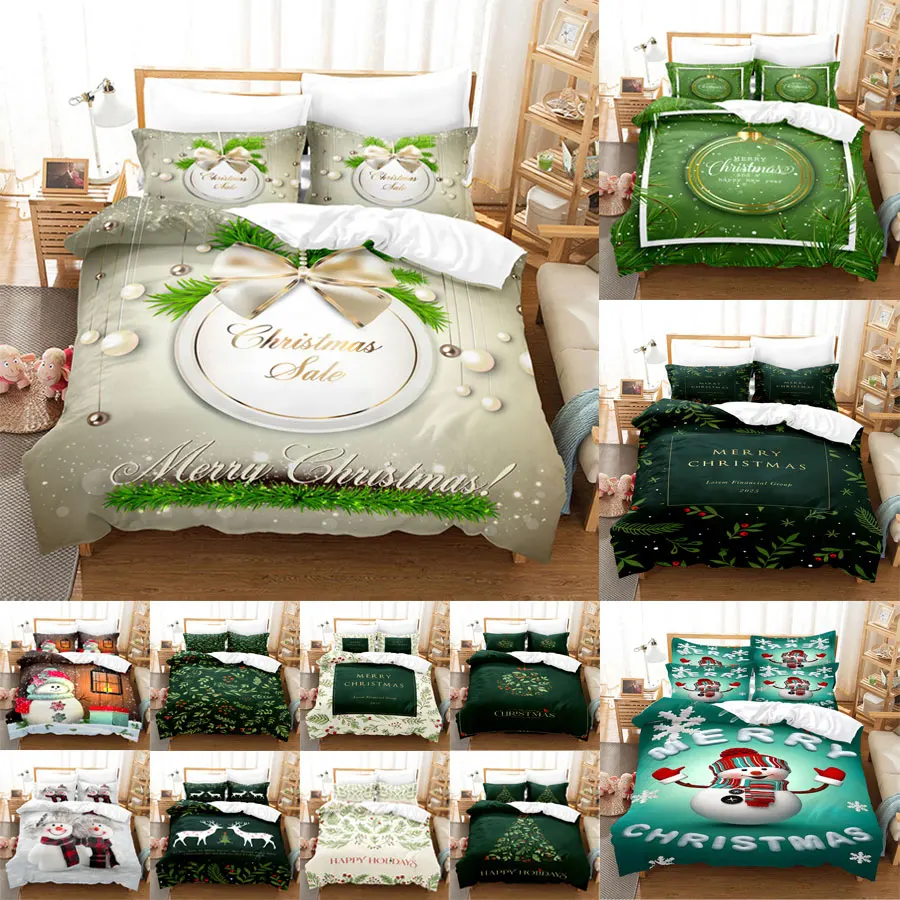 

Christmas Tree Happy New Year Green Snow Queen King Full Size Duvet Cover Bedding Linen Set 2 Seater Bedspread 200x200 240x220