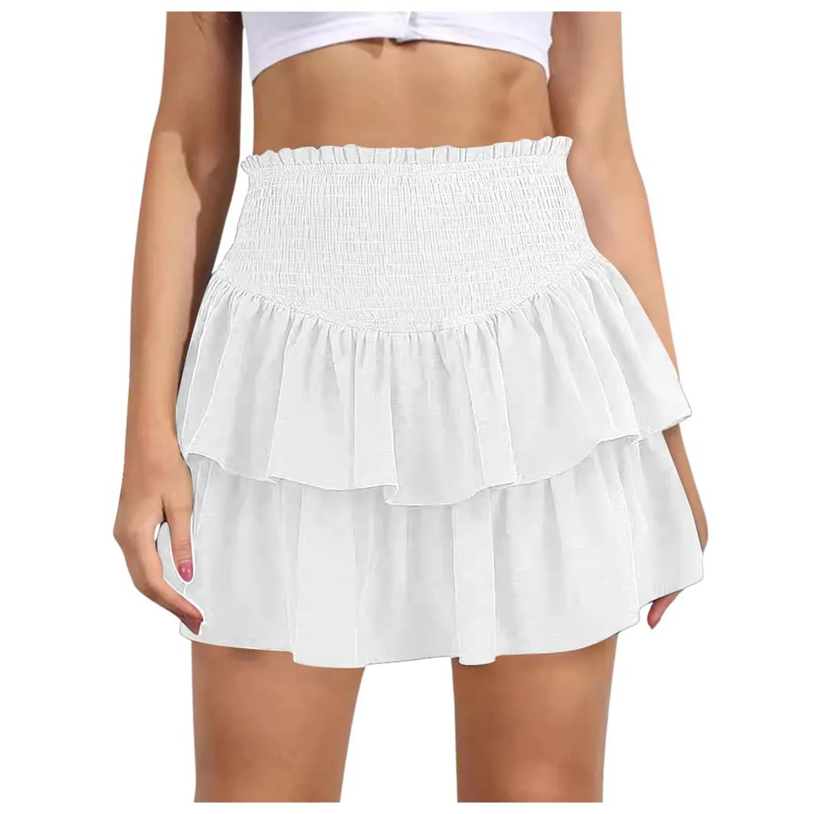 Pleated A-Line Skirt Women White Ruffle Sweet Tierred Pretty Style Skirt Elastic Waist Summer Slim Basic Korean Harajuku Dress