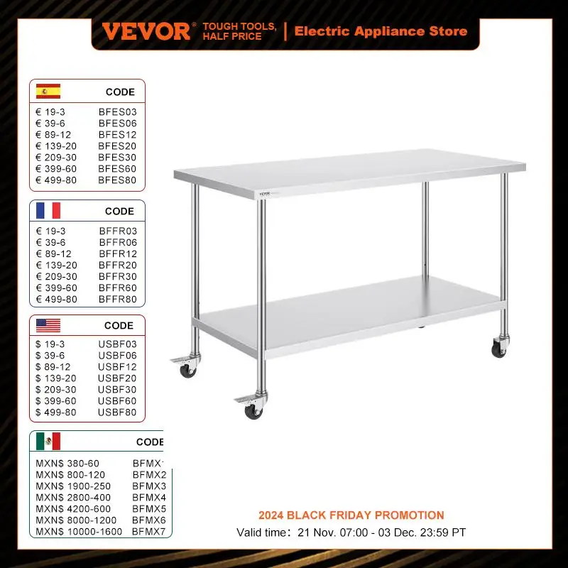 VEVOR Stainless Steel Work Table with 4 Wheels 3 Adjustable Height Levels Heavy Duty Food Prep Worktable for Kitchen Restaurant