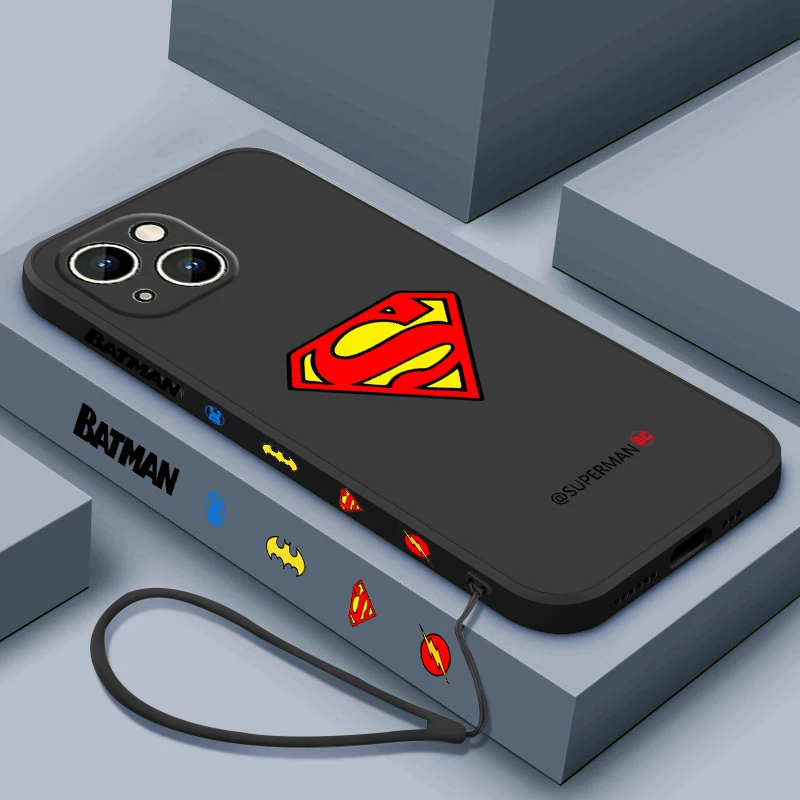 Cartoon B-batman Logo For Apple iPhone 15 14 13 12 11 XS XR X 8 7 Pro Max Plus Mini Liquid Left Rope Phone Case