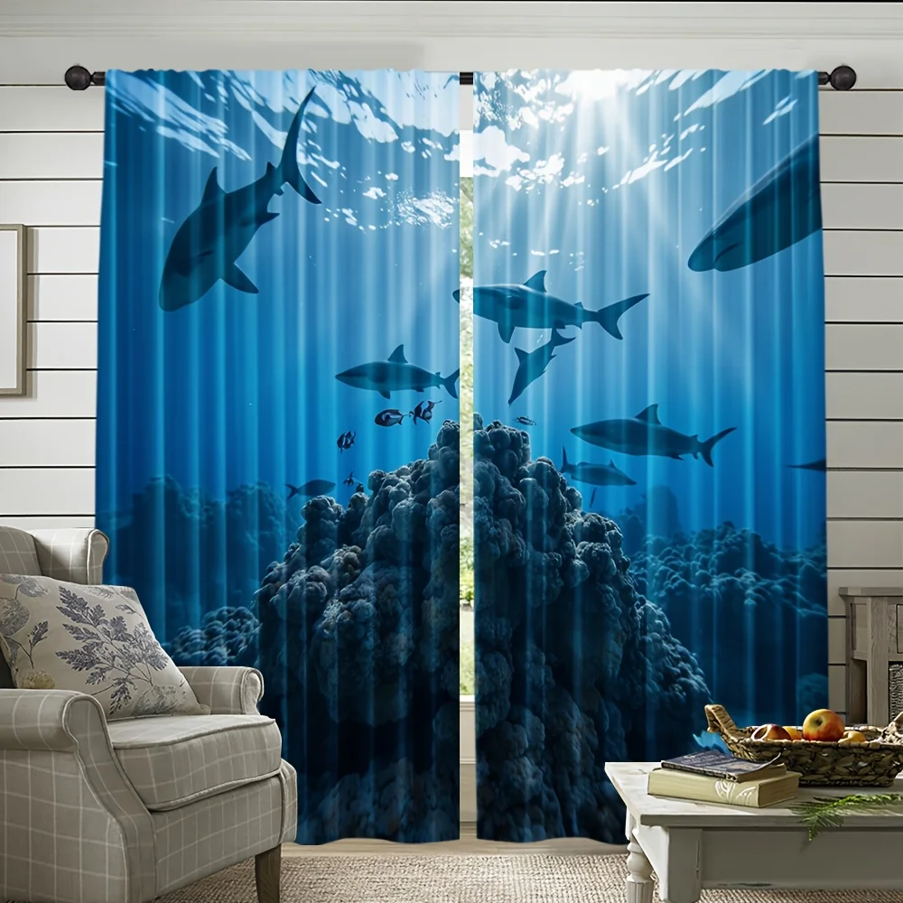 Underwater Shark Coral Window Curtains 2 Panels, Blue Ocean Sunray Small Fish Silhouette Drapes Boys Marine Bedroom Decoration