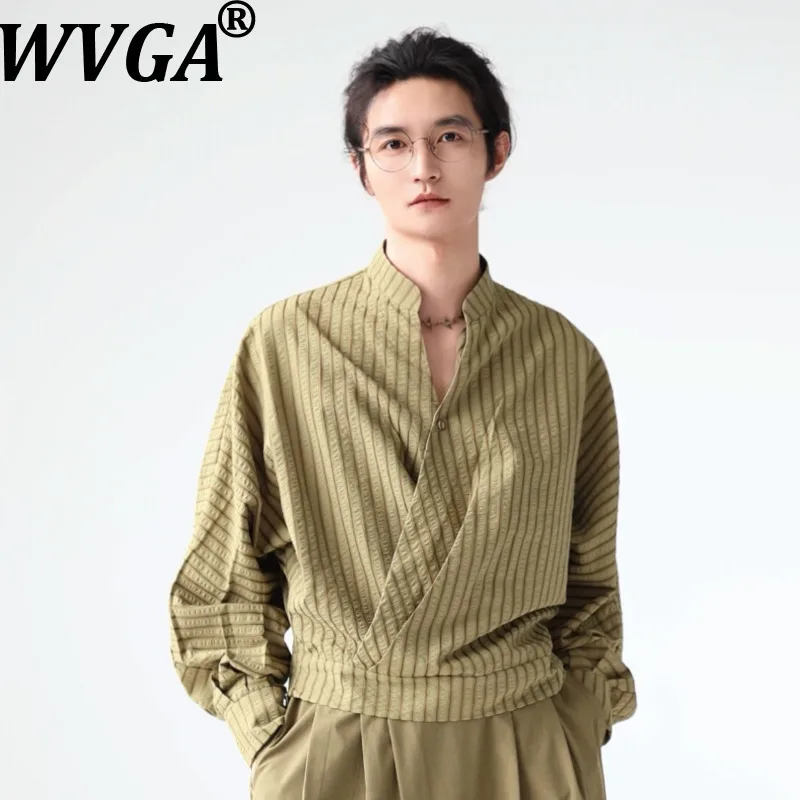 WVGA Spring Autumn New Men Tide Striped Trendy Stand Collar Long Sleeve Shirt Niche Chic Casual Short Tops Streetwear Ins W16846